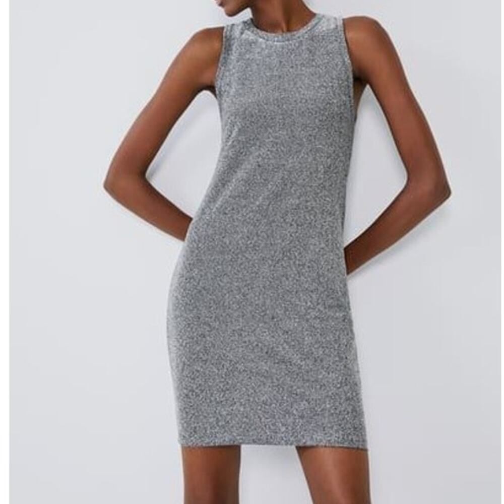 Zara Dress With Metallic Thread Sheath Bodycon Sleeveless Sparkle Mini Pullover